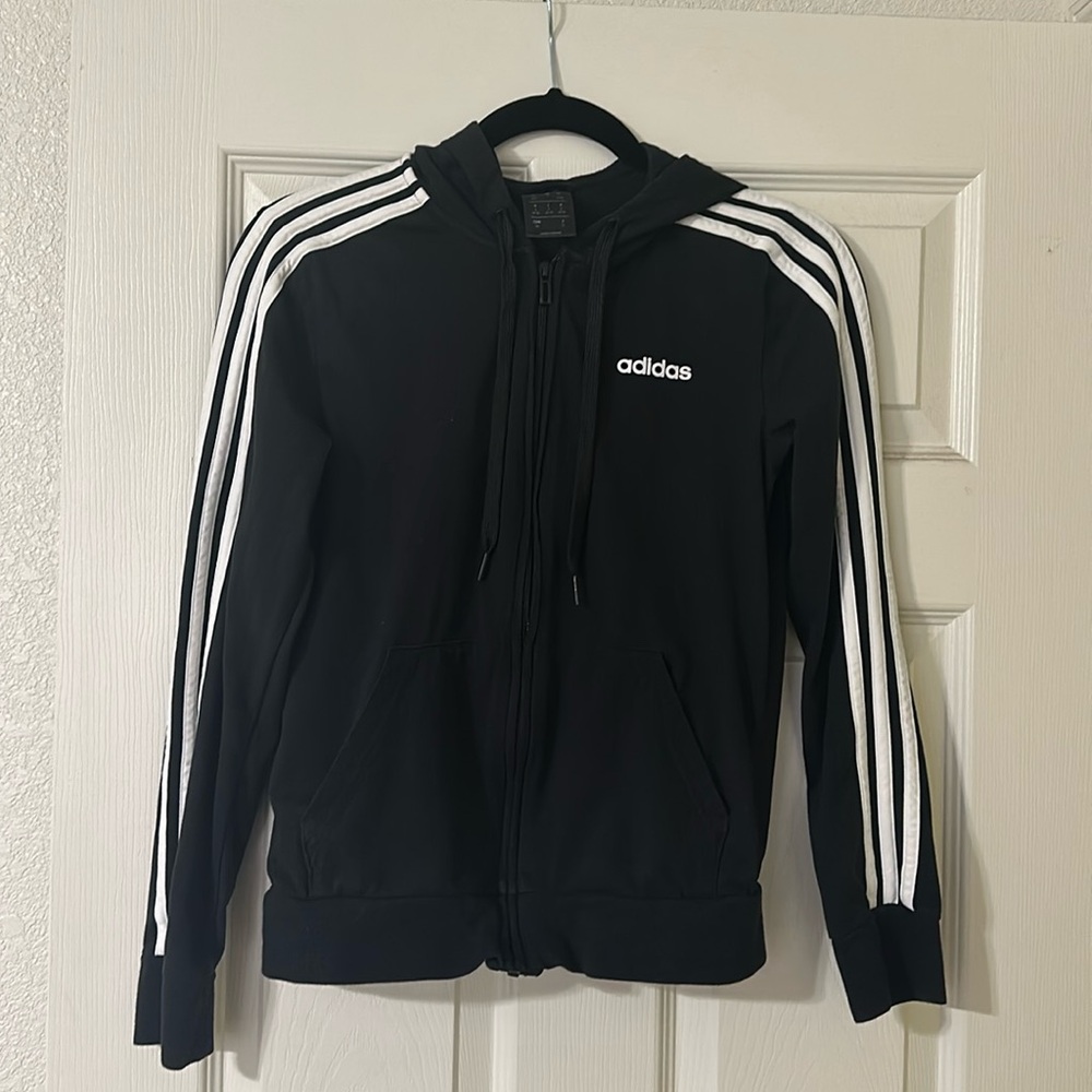 ADIDAS Black full zip three stripe hoodie, size S